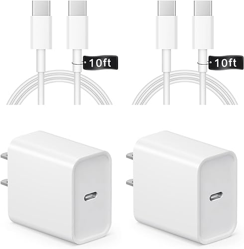 Cargador para iPhone 15 de carga rápida, paquete de 2 bloques de carga de pared USB C de 20 W PD y cable tipo C a C de 10 pies para iPhone 1515