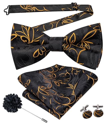 Image of Hi-Tie Black Gold Floral Bow Ties for Men Pocket Square Lapel Pins Cufflinks Mens Bowtie Sets for Wedding Formal Party