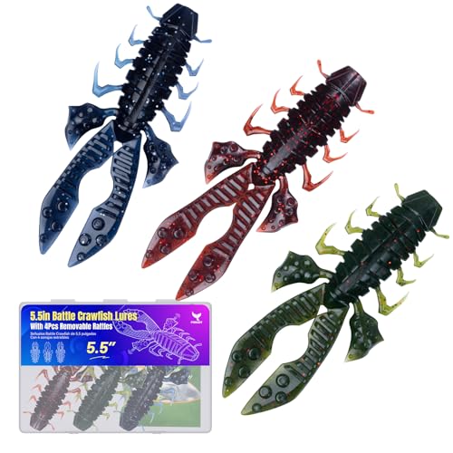 Image of Battle Craw Soft Plastic Crawfish Lures Kit with Removable Rattles | Salt Infused Creature Bait for Bass Fishing, Texas Rig & Jig Trailer Lure in Tackle Box, Realistic 1:1 Claw-to-body 4.1 /5.5in