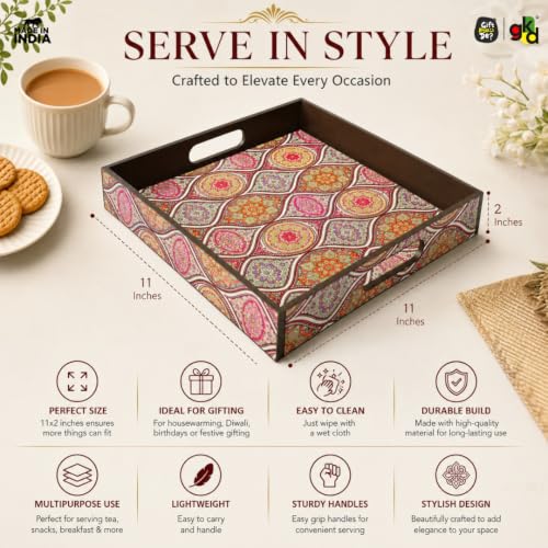 Image of GKD Wooden Serving Tray - Royal Blue Mandala Design - 11x11 Inch MDF Tea, Coffee, Breakfast Tray - Square Tray for Home Decor, Dining Table, Kitchen & Gifting