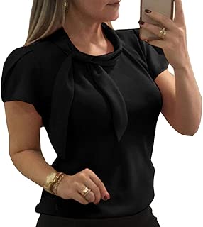 Pukemark Women's Summer Casual Work Office Shirts Short Sleeve Bow Tie Neck Chiffon Blouse Tops