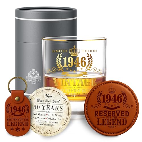 Copo uísque 1946 presente homem 80 anos de aniversário ideias presentes originais para pai avô taça vintage degustação Ron e Gin decoração festa 80 aniversário Natal