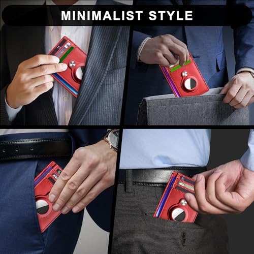 Image of Hawanik Slim Minimalist Front Pocket AirTag Wallet, RFID Blocking Card Holder with AirTag Holder, Red, Minimalist