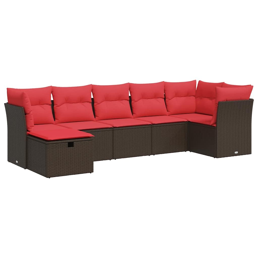 Set di divano da giardino in polyrattan marrone con vano portaoggetti, sacchetti impermeabili e cuscini rossi 100% poliestere, portata 110 kg, piedini regolabili, balcone, terrazza