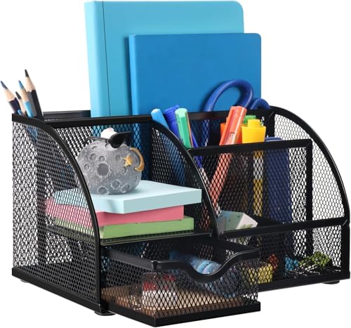FORKLS Desk Organizer Mesh Metal Office Organizer with 6 Compartments and Drawer Pen Holder for Pens Sticky Notes Staplers and Clips (Black)
