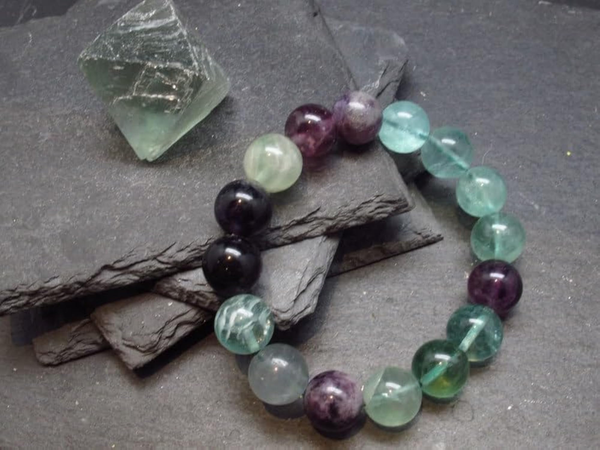 Natural Fluorite 12mm Smooth Cut Beads Stretch Bracelet, Unisex