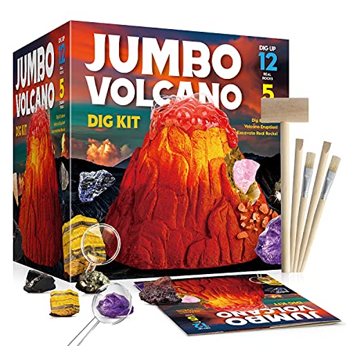 XXTOYS Volcano Rock & Mineral Dig Kit - Dig up 12 Crystal, Amethyst, Pyrite and More â€“ Erupting Volcano Science Experiment - Gemstones for Kids, Great Birthday, Excavation Toys for Boys & Girls