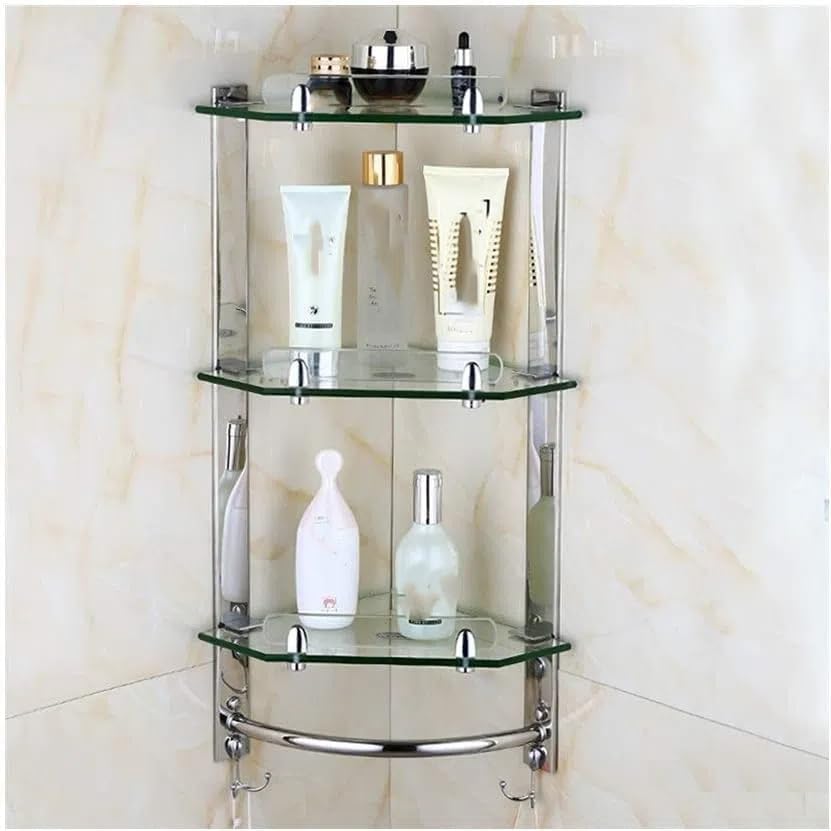 USZWBY Glass Corner Shelf Bathroom Storage Rack with Towel Holder Bar Stainless Steel Wall Mount Shower Caddy Basket