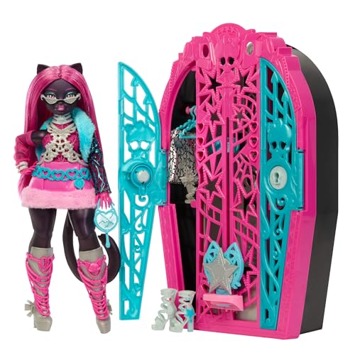 Monster High Monstrueux Secrets Catty Noir Coffret Énigmes à Hauntlywood avec poupée, dressing et plus de 19 surprises glamour, dont des vêtements pour poupée