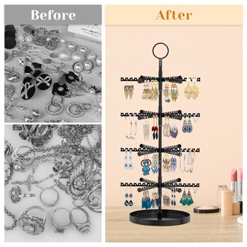 Image of MODOWEY 4 Tier Metal Rotating Earring Holder Organizer Stand Adjustable Display Tree for Women, 384 Holes and Grooves Rack Tower for Pierced Dangle, Large Capacity Space-Saving Jewelry Hanger, Black