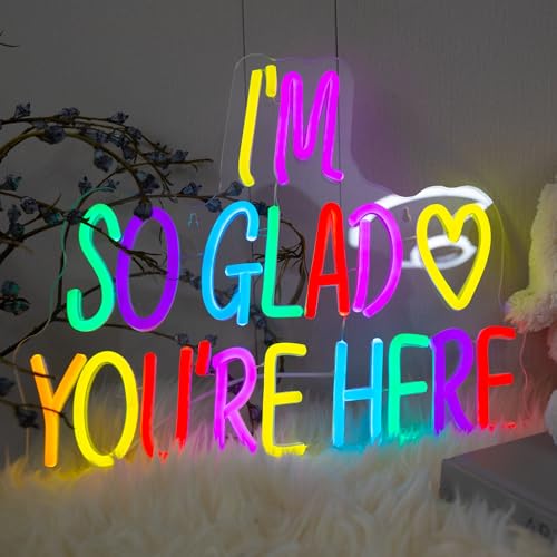 Image of I'm So Glad You're Here Neon Sign, Letter Neon Signs for Wall Decor Dimmable Light up Sign, Classroom Wedding Kids Room Store Home Neon Decor 14.17 x 12.2 inch