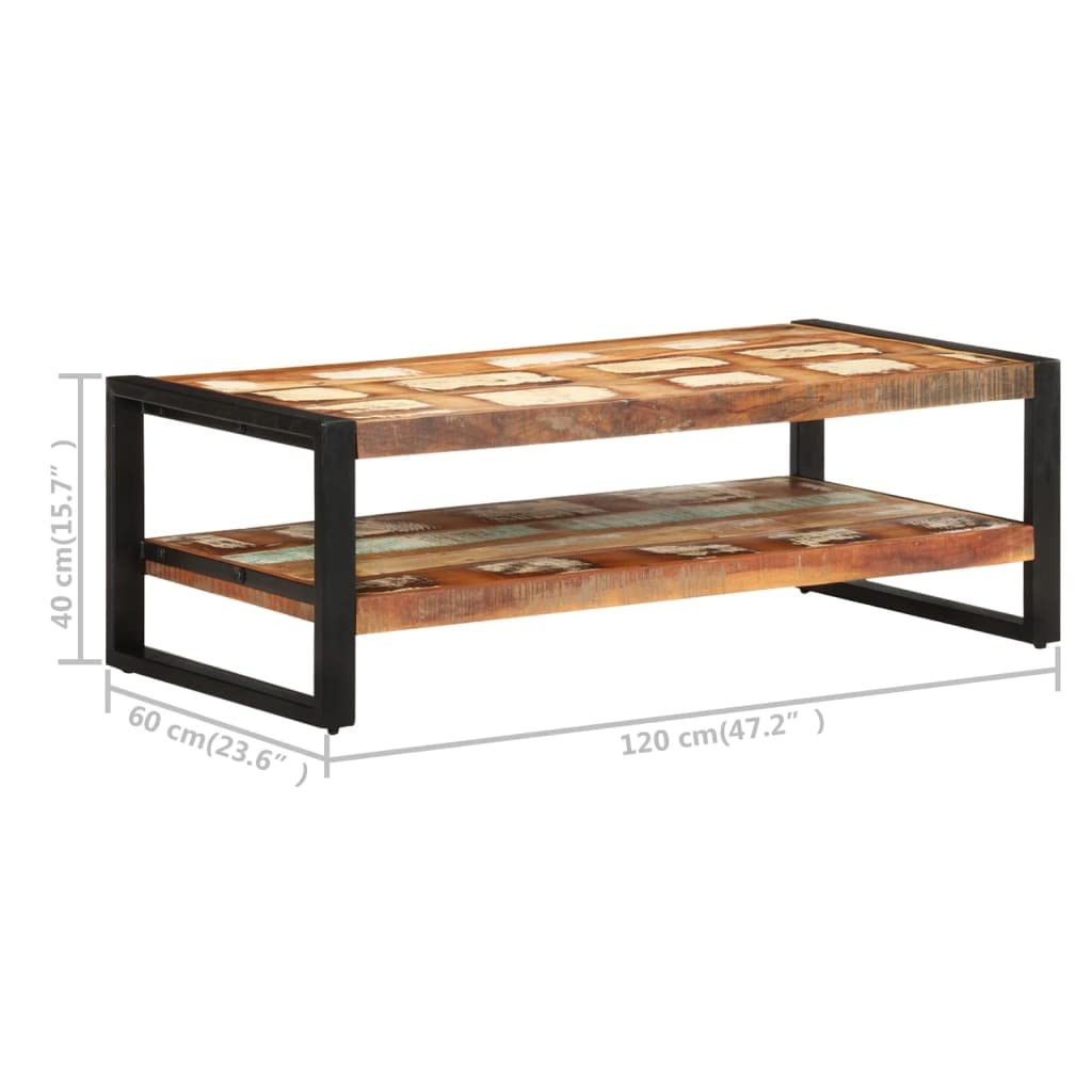 Hothingwell Stolik kawowy 2 poziomy drewna z odzysku 120x60x40 cm | Malowana proszkowo rama żelazna, mieszanka drewna tekowego z drewna bukowego mango, unikalny kolor losowy