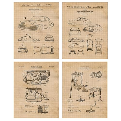 Vintage 911 Auto Patent Prints, 4 (8x10) Unframed Photos, Wall