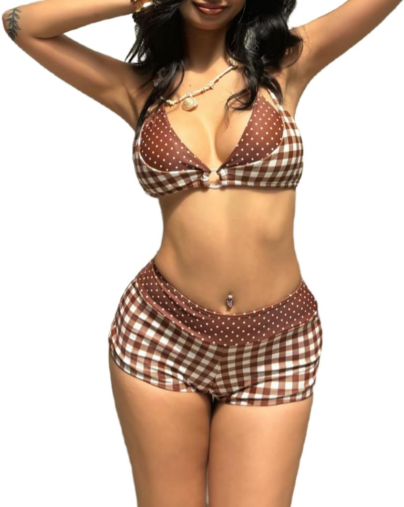 Mandonce 2 Piece Outfits for Women Polka Dot Sexy Spaghetti Strap Deep V Neck Crop Tank Top Tight Shorts Beach Swimsuit Set