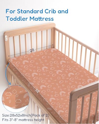 Image of Crib Sheets 2 Pack, Fitted Crib Sheet for Standard Crib Mattress 28x52x9, Ultra Soft Jersey Knit, Breathable Stretchy Deep Pocket, Snug Fit Stays Put, Baby Crib Mattress Sheet