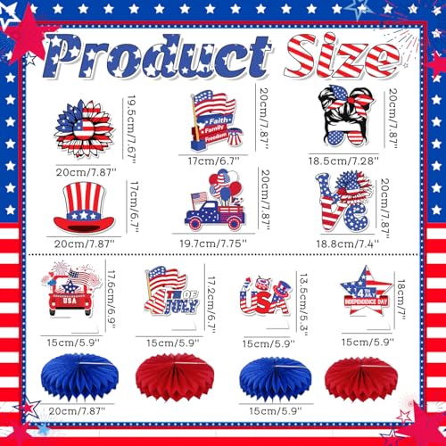 Image of 4th of July Patriotic Decorations Red White Blue Happy 4th of July Banner Independence Day Hanging Swirls Fourth of July Honeycomb Centerpieces for American Memorial Day Decor