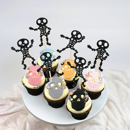 Gyufise 24Pcs Halloween Skull Cupcake Toppers Happy Halloween Theme Skull Dance Cupcake Picks Baby Shower Halloween Boy Girl Skull Halloween Birthday Party Decorations Supplies Black - Image 5