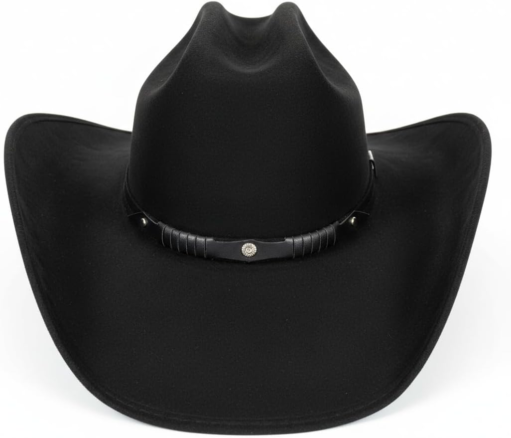 Western Black Felt Cowboy Hat with Leather Band for Men, Women, and Teens