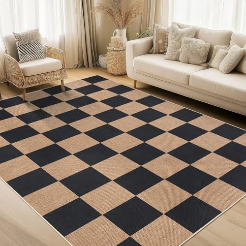 Garvee Washable Checkered Rug, 6x9 Area Rugs for Living Room, Stain Resiatant Easy Jute Rug for Bedroom, Patio, Dining Room, Office, Washable Rugs Mod