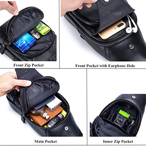 Image of BULLCAPTAIN Genuine Leather Sling Bag with USB Charging Port Multi-pocket Chest Bag for Men Hiking Travel Daypack XB-129