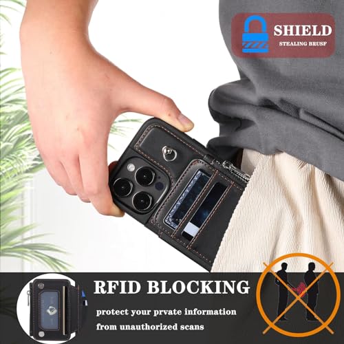 Wallet Case for iPhone 15 Pro Max/15 Plus/15 Pro/15, RFID Blocking Card Case with Wrist Strap, Zipper Leather Handbag (Color : Black, Size : 15Plus)3