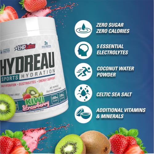 Image of EHP Labs Hydreau Electrolytes Powder No Sugar - Hydration Powder for Endurance & Energy - Electrolyte Powder for Men & Women - Sugar Free Electrolytes - Kiwi Strawberry (40 Serves)