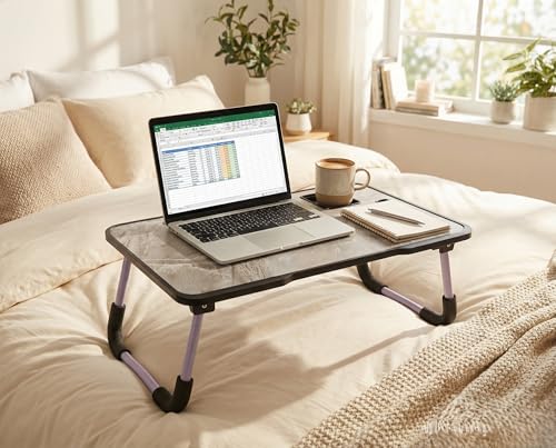 Image of VISBY INDIA Foldable Wooden Mini Laptop Table for Bed, Study Table with Drawer, Tablet /Mobile Holder for Kids & Adults (MARBLE NEW)