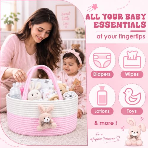 Image of House of Quirk Baby Diaper Caddy Organizer Cotton Rope Basket - Rabbit