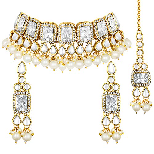 Image of Peora Crystal Faux Pearl Kundan Necklace & Jewellery Set Gift for Women