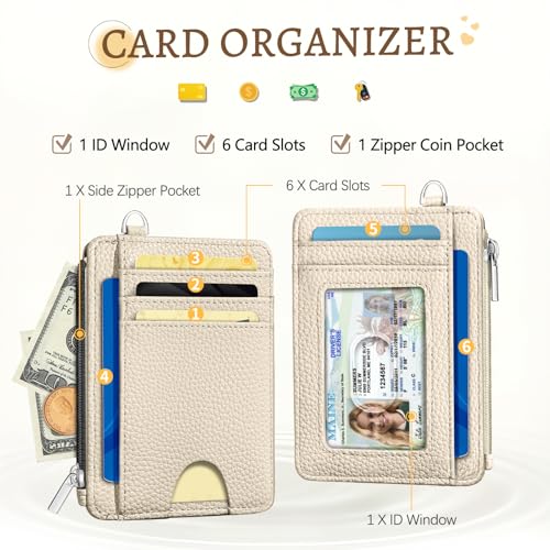 Image of Kelvoris Beige Credit Card Holder Small Wallet Women, Minimalist Slim RFID Blocking Wallet Woman Keychain with Zipper Coin Pocket, Front Pocket Thin Travel Card Case Organizer ID Window Ladies Gifts