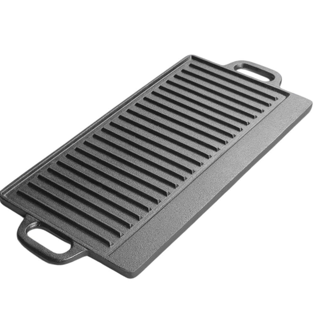 Emidor鋳鉄グリル、グリルラック、鋳鉄製、長方形または波型、多機能、魚、肉、鉄板焼きのグリルに適しています、お手入れが簡単、トレイ付き、耐熱性、IHおよびガスコンロに対応、家庭、キャンプ、屋外での使用に適しています、両面グリル (50*23cm)