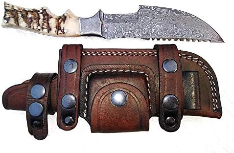 Tracker Knife with Horizontal Carry Leather Sheath and Ram Horn Handle – Damascus Fixed Blade Hunting Knife for Survival and Outdoor Use 262