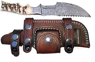 Ottoza Tracker Knife & Ram Horn Handle - Damascus Hunting Knife - Horizontal Carry Knife Sheath 262 - Ottoza