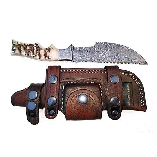 Ottoza Handmade Damascus Tracker Knife with Ram Horn Handle - Survival Knife - Camping Knife - Damascus Steel Knife - Damascus Hunting Knife with Sheath Horizontal Carry Fixed Blade Knife No:262