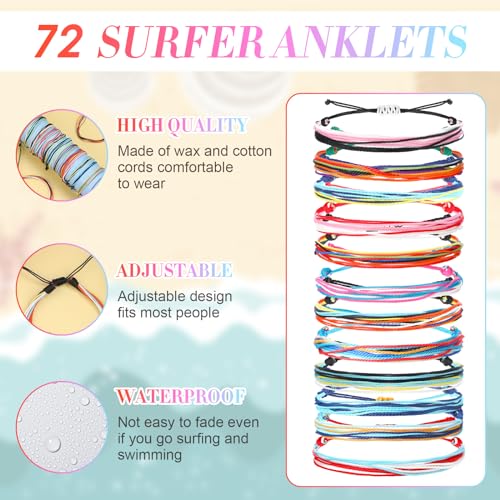 72 Pcs Summer Friendship Bracelets String Bracelets for Women Wax String Bracelets Outfits Surfer Handmade Water Repellent Boho Rope Anklets Adjustable Braided Anklet Summer Foot Jewelry4