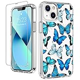 LUHOURI Clear iPhone 13 Case with Screen Protector,Blue Butterflies Floral Flower Designs on Crystal...