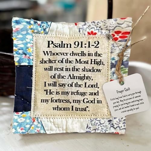 Darciamou Vintage Prayer Quilt Squares, Mini Handmade Quilt with Cross Inside, Symbolism Poems (Psalm 91:1-2) (Random Color)