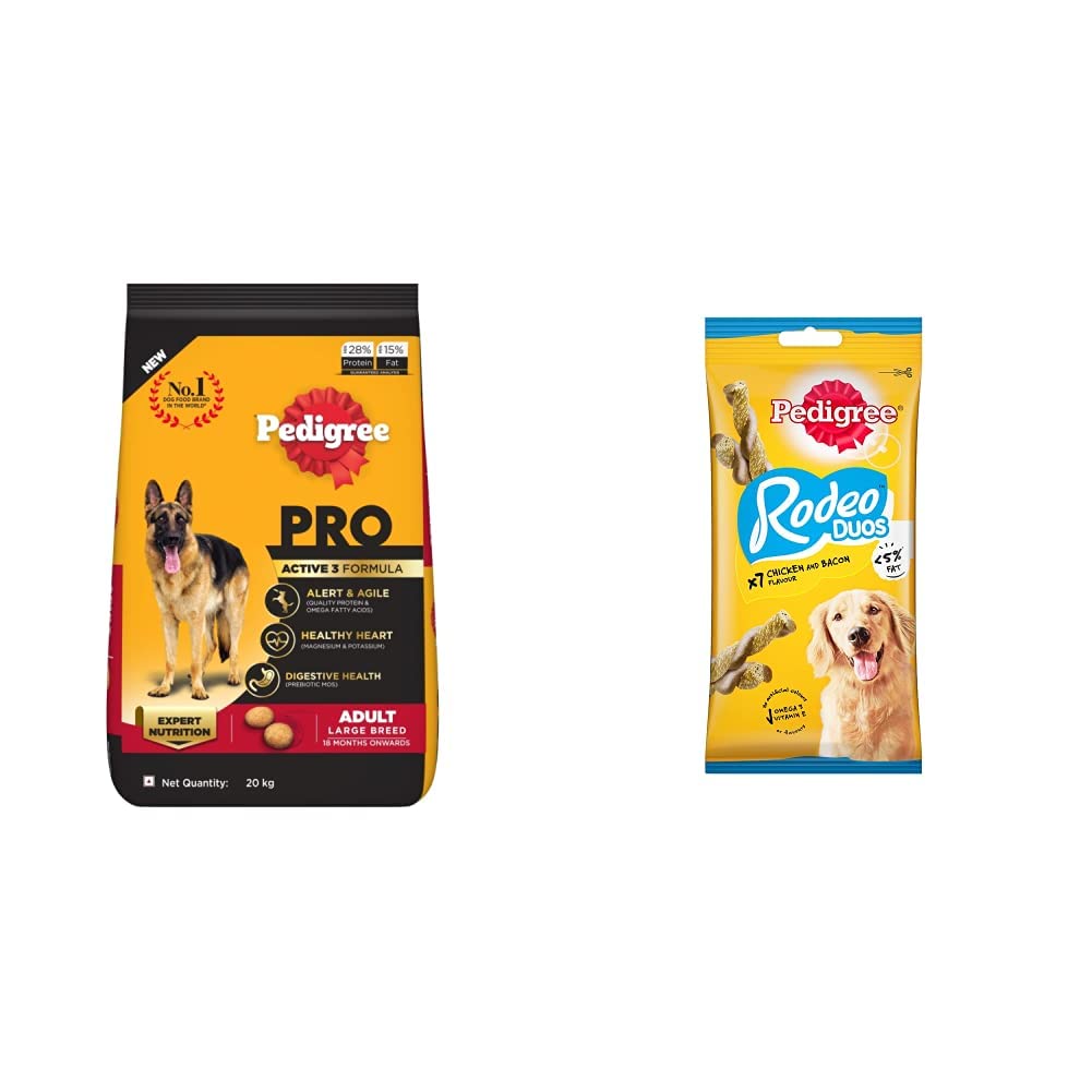 Pedigree PRO Expert Nutrition Dry Food for Large Breed Adult Active Dogs (18 Months Onwards), 20kg Pack&Pedigree Rodeo Duos Treat for Adult Dog, Chicken & Bacon Flavour, 123g (B0BP4ZQ1VW) Amazon Price History, Amazon Price Tracker