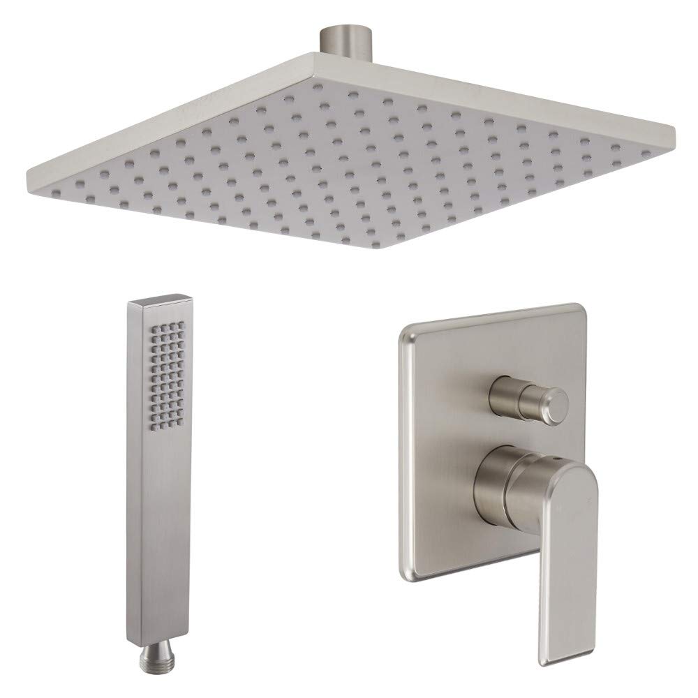 Milano Silver Hunston Manual Mixer Valve 200Mm Square Wall Mounted Shower Head Handset - Brushed Nickel
