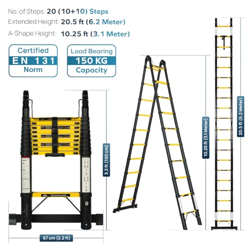Image of Corvids 6.2m (20.5 ft) Foldable A-Type Carbon Steel Telescopic Ladder, 2-Year Warranty, 20-Step Heavy Duty Extension Ladder, Q195 Rustproof Alloy Steel, Portable Ladder for Home & Outdoor use