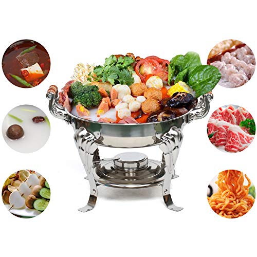 ACROSSPART Edelstahl Warmhaltebehälter Essen Rund Chafing Dish Speisenwärmer Wärmebehälter Runder Spirituskocher mit Holzgriff Lebensmittelisolierung Buffetwärmer für Party Catering Buffet – Bild 3
