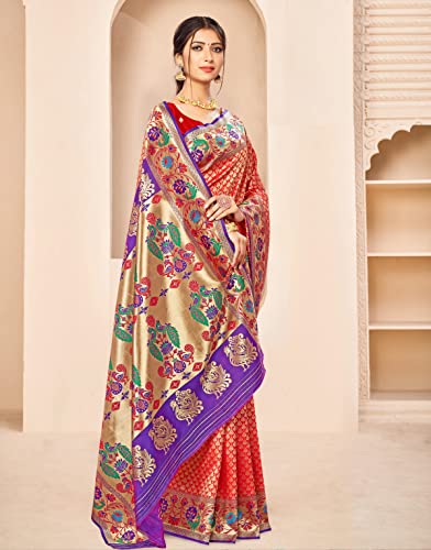 Image of Jaanvi fashion Women's Paithani Silk With Zari Jacquard Work Saree With Blouse Piece(royal-paithani-red-blue)