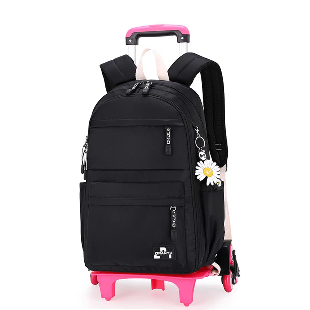 Solid-Color Simple Rolling Backpack for Girls, Black Trolley Bags on 6 Wheels, Carry-on Luggage BookBag with Wheels for Middle School