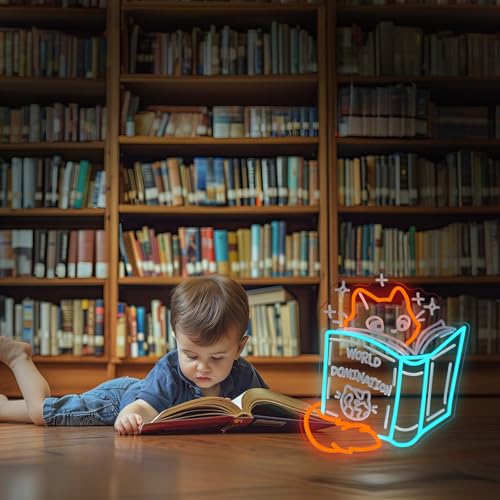 Image of Books and Cat Neon Sign, Fox Reading Sign 3D Carving Led Light, Funny Cat Read Book Decoration, Library Wall Art, Book Store Decor, Gift For Kid, 14.6 inchx13 inch