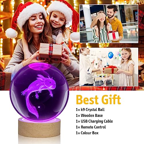 3D Axolotl Lamp, Animal Crystal Ball Night Light With 16 Color Led Wooden Base,3D Laser Engraving Holographic Crystal Ball Night Lamp, Upgraded 3.15 Inch For Birthday Gift,Home Decor (Axolotl 2.0) #TOP6