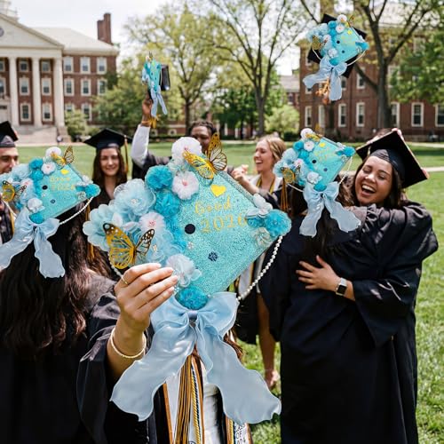 Wavwavw 58 Pcs DIY Graduation Cap Decorations Kit Grad Cap Decor Included Faux Flowers Bow Mesh 3D Butterfly Stickers, Adhesive Rhinestones, Glitter Letter Stickers, for 2026 Grad Party(Light Blue) by Wavwavw - Used condition - Image 6