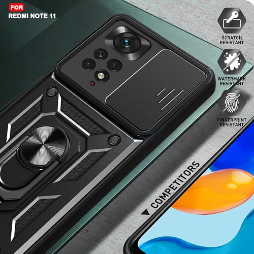 Image of AESTMO Tough Armor Redmi Note 11 / 11S Bumper Back Case Cover | Ring Holder & Sliding Camera Shield Cover | 360 Degree Protection Back Case Cover for Redmi Note 11 / 11S (Black)