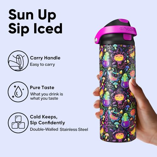 Image of Encool SwiftSip Insulated Stainless Steel Water Bottle with Straw - Leak Proof Sports Water Bottle for School, Travel, Keeps Cold All Day, One-Touch Flip Lid, BPA-Free, 24 oz, Meowgic Night