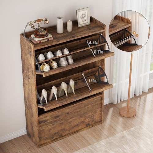 GarveeHome Shoe Cabinet with 3 Flip Drawers, Wooden Shoe Organizer with Adjustable Shelf, Shoe Storage for Entryway, Hidden Shoe Cabinet for Hallway, Living Room, Rustic Brown