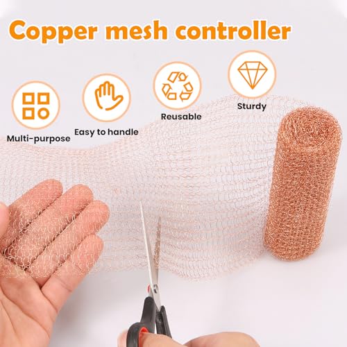 Copper Mesh Rodent Control, 5in x 10ft Rustproof Copper Mesh Roll, Gap Hole Filler, DIY Blocker Weep Hole Filler & Wool Mouse Trap with Precision Scissors and Packing Tool for Mice & Rodent Defense